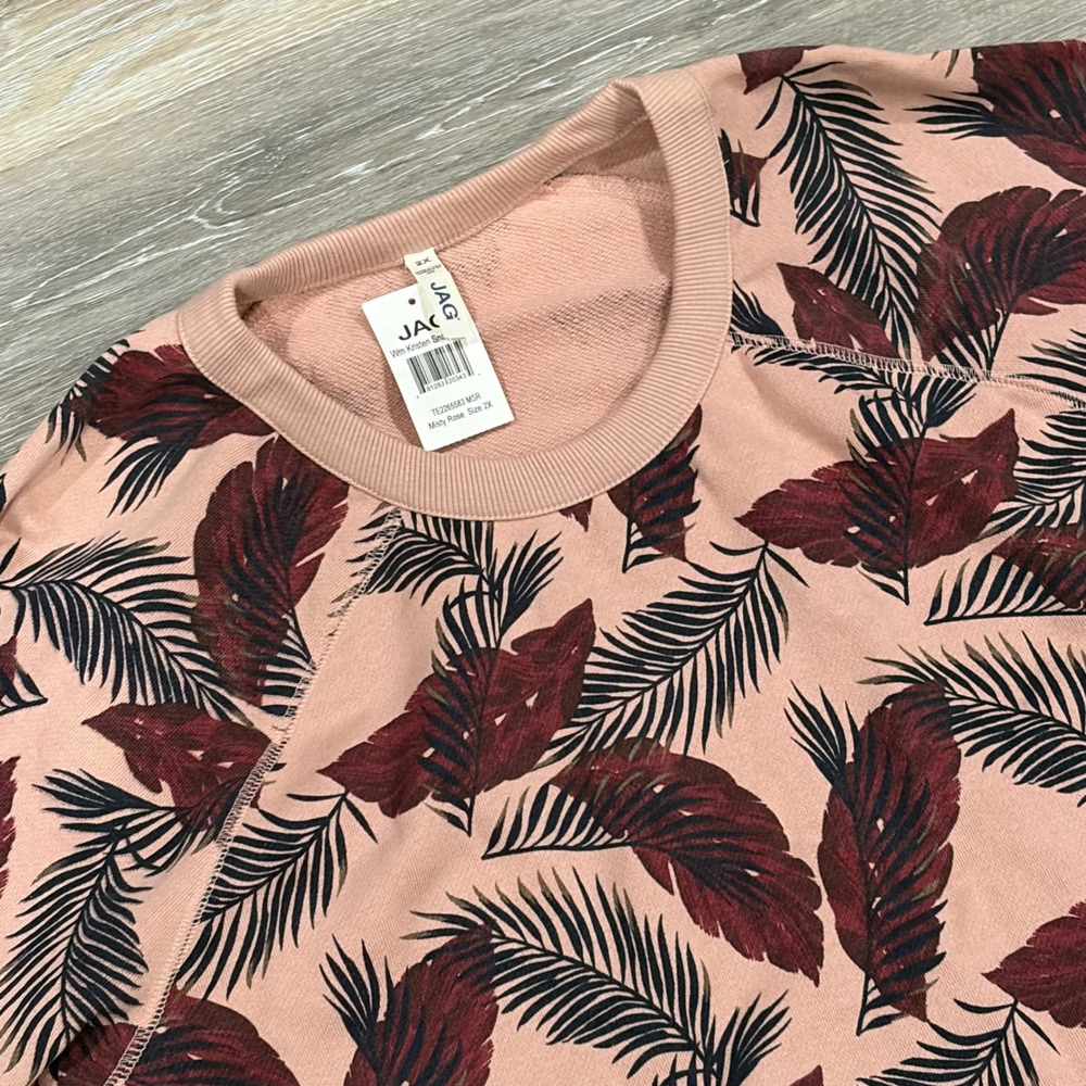 JAG Kristen Sweatshirt 2X Misty Rose Tropical Leaf Print Snap Side French Terry